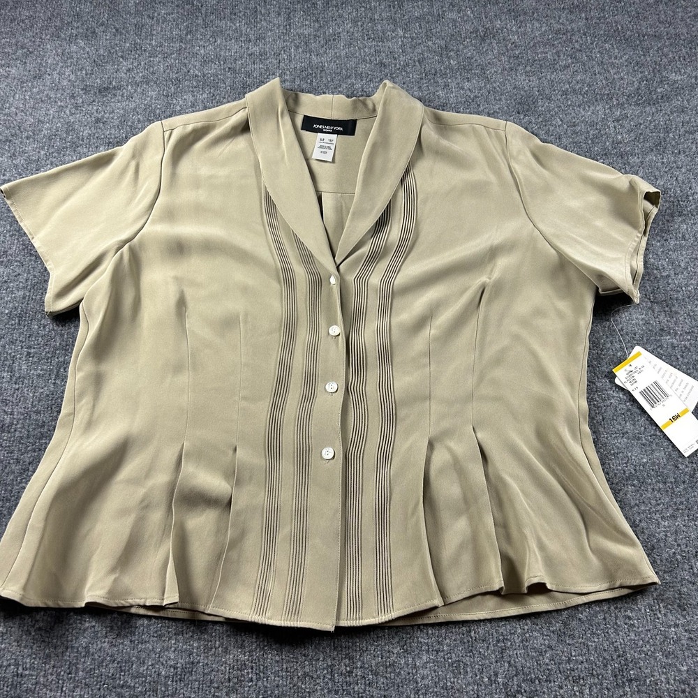 NWT Jones New York Blouse Womens 16W Beige 100% Silk Pleated Pintuck Top